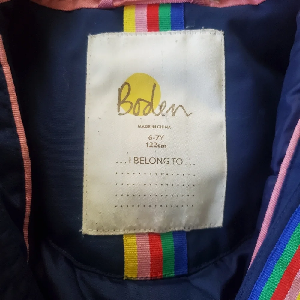 Kids Boden Navy Coat with Multicolor Fur Hood Size 6-7